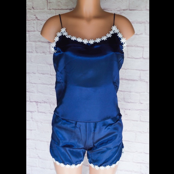 Other - Navy Blue, Flower Trim, Satin, Pajama Set